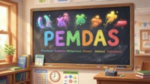 A classroom chalkboard displays the acronym PEMDAS with colorful symbols for parentheses, exponents, multiplication, division, addition, and subtraction, illustrating how to remember the order of operations PEMDAS.