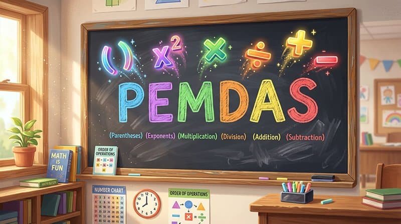 A classroom chalkboard displays the acronym PEMDAS with colorful symbols for parentheses, exponents, multiplication, division, addition, and subtraction, illustrating how to remember the order of operations PEMDAS.