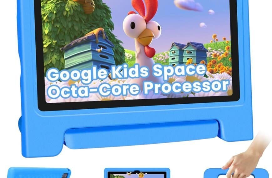 A blue Iconiotk Kids Tablet 10.1" (Android 14) is shown front, back, and side, with cartoon chicken on screen, featuring Octa-Core CPU, 64GB storage, Kids Space, parental controls, dual cameras & a shockproof case for children.
