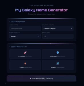 A Galaxy Name Generator interface with fields for Galaxy Name, galaxy theme, birth month, and date, plus options for cosmic personality types and a "Generate My Galaxy" button.