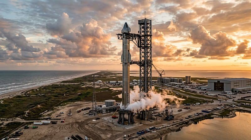 The Race Back to the Moon: What's Actually Happening with Artemis II and Starship 1 A rocket on a launch pad emits steam as it prepares for launch at a coastal space facility during sunset, ready to begin its journey to the Moon.