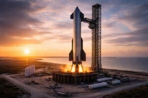 A SpaceX rocket lifts off from a launch pad near the ocean at sunrise, flames and smoke billowing beneath its engines.