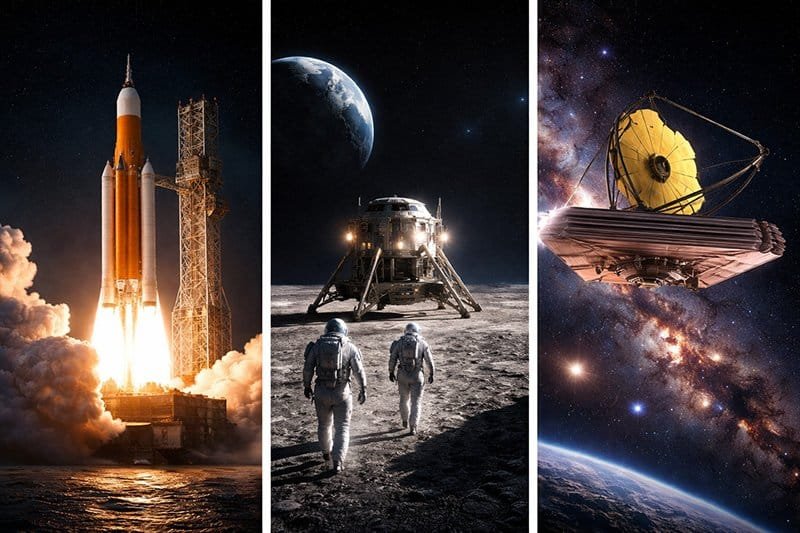 What Are the Biggest Space Exploration Updates Right Now (2026)? 1 A rocket launch, astronauts walking on the moon, and a space telescope orbiting in space are shown in three vertical panels.