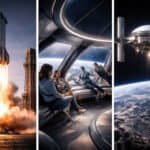 A rocket launches, people sit inside a futuristic spacecraft interior, and a space station orbits above Earth.