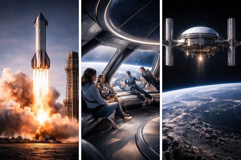 A rocket launches, people sit inside a futuristic spacecraft interior, and a space station orbits above Earth.