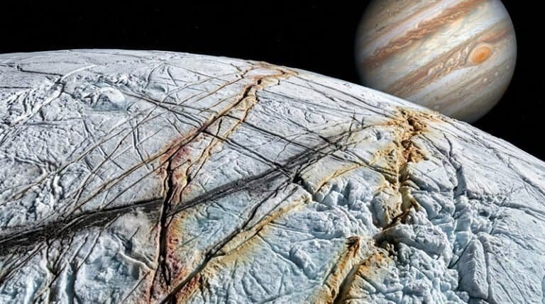 A close-up view of Europa’s cracked, icy surface—hinting at traces of ammonia on Europa—with Jupiter and its cloud bands visible in the background in space.