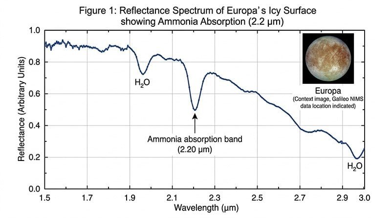 Reflectance spectrum graph of Europa’s surface shows evidence of ammonia on Europa with a 2.2 µm absorption, labeled H₂O features, and an inset image of Europa at upper right.