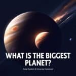An illustration of Jupiter, the Biggest Planet, with its moons in space, accompanied by the text "What is the biggest planet? Solar System & Universe Explained.