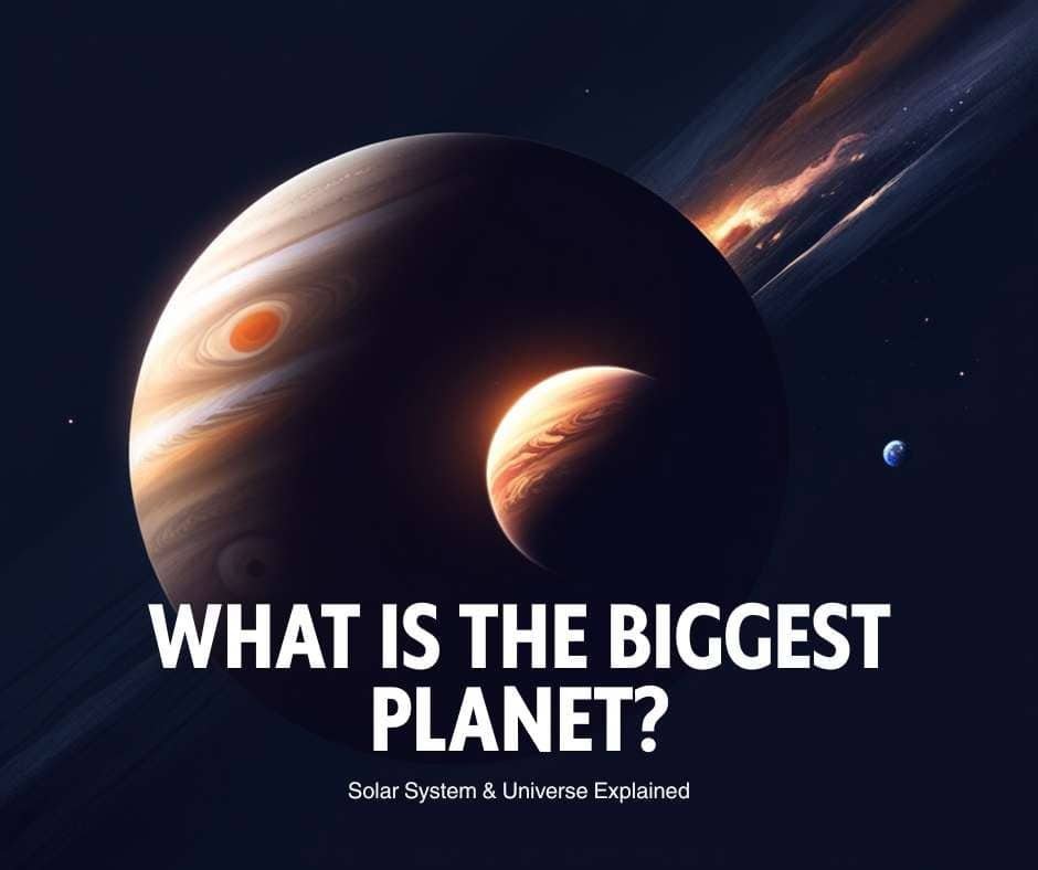 An illustration of Jupiter, the Biggest Planet, with its moons in space, accompanied by the text "What is the biggest planet? Solar System & Universe Explained.