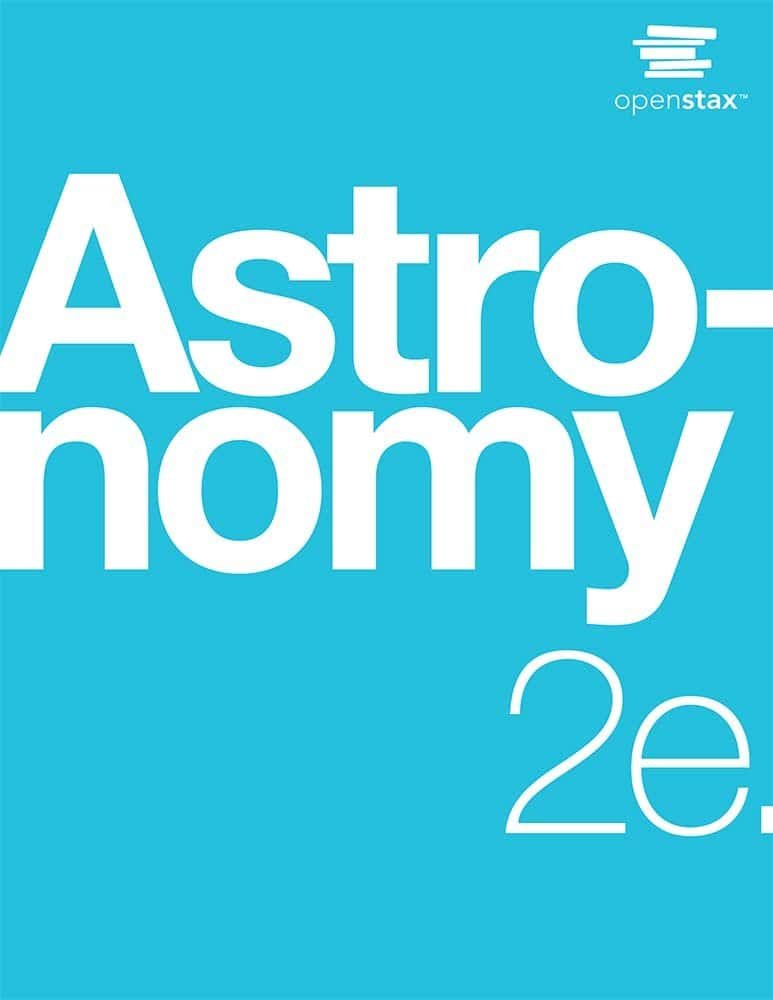 Bright blue book cover with large white text reading "Astronomy 2e" and the OpenStax logo in the top right corner.