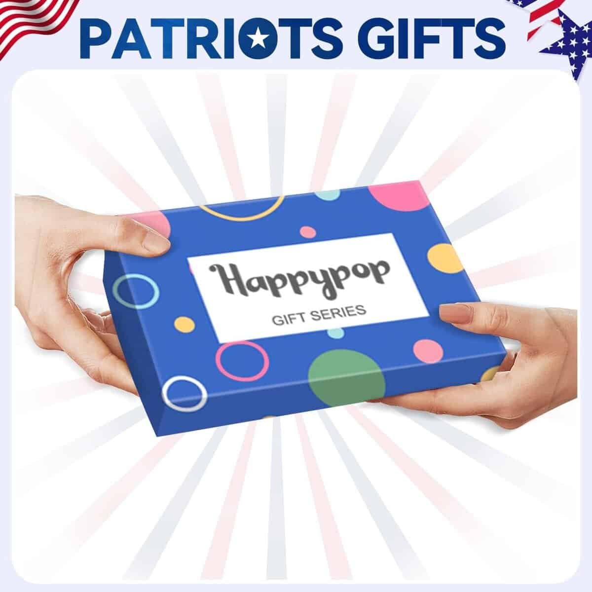 Two hands exchange a blue gift box labeled "Happypop Gift Series" with colorful circles on the box, under the heading "Patriots Gifts.