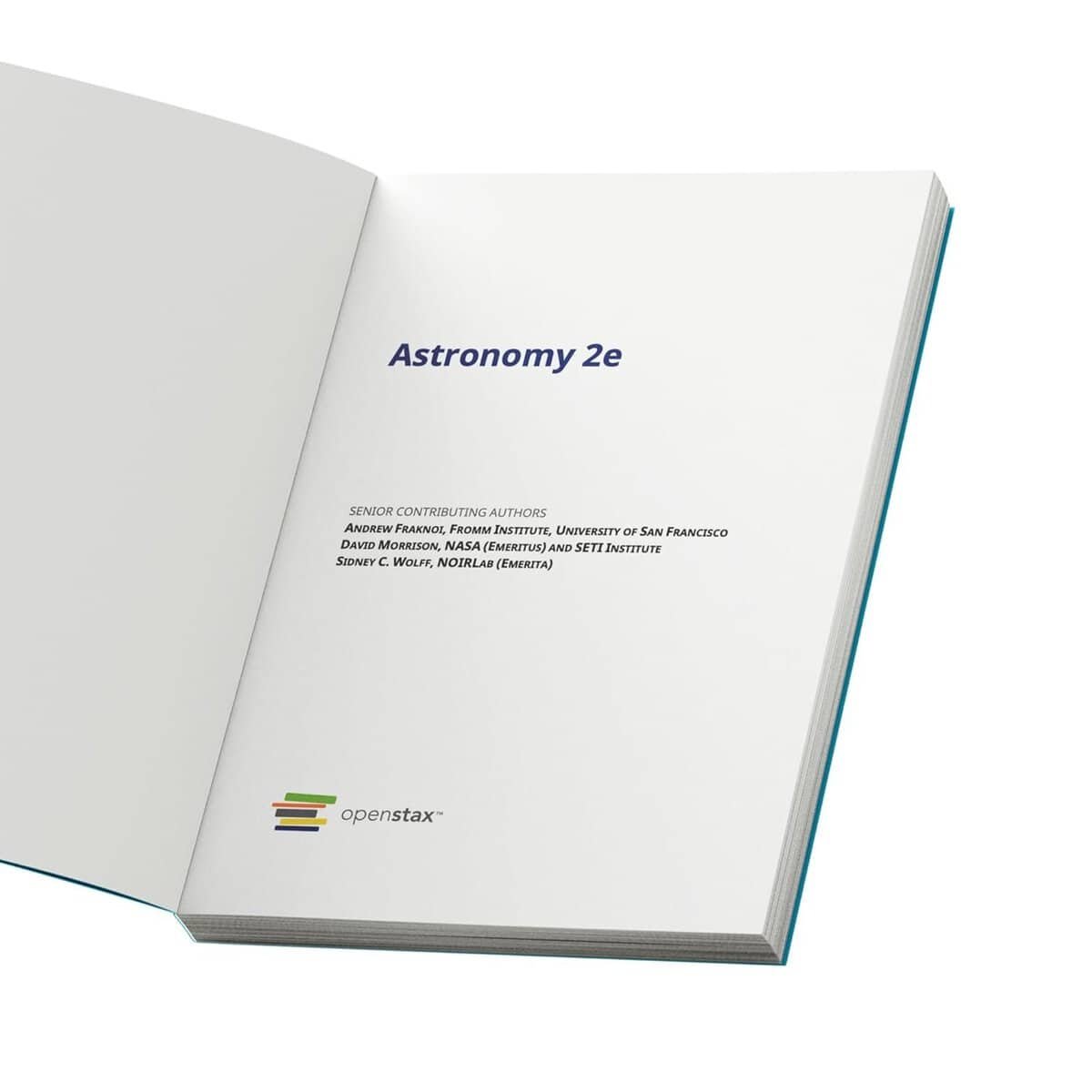 Open book displaying the title page of "Astronomy 2e" by OpenStax, listing senior contributing authors and the OpenStax logo at the bottom.