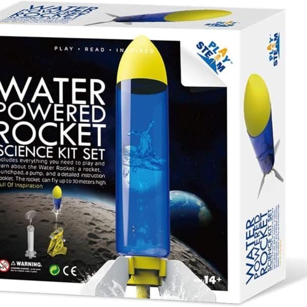 Box of a water powered rocket science kit set, featuring an image of the assembled rocket and included components. Suitable for ages 14 and up.