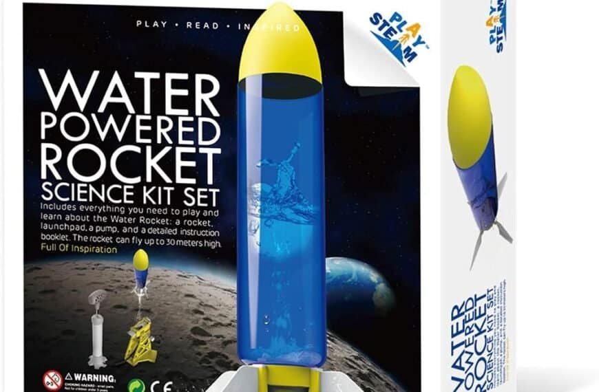 Box of a water powered rocket science kit set, featuring an image of the assembled rocket and included components. Suitable for ages 14 and up.