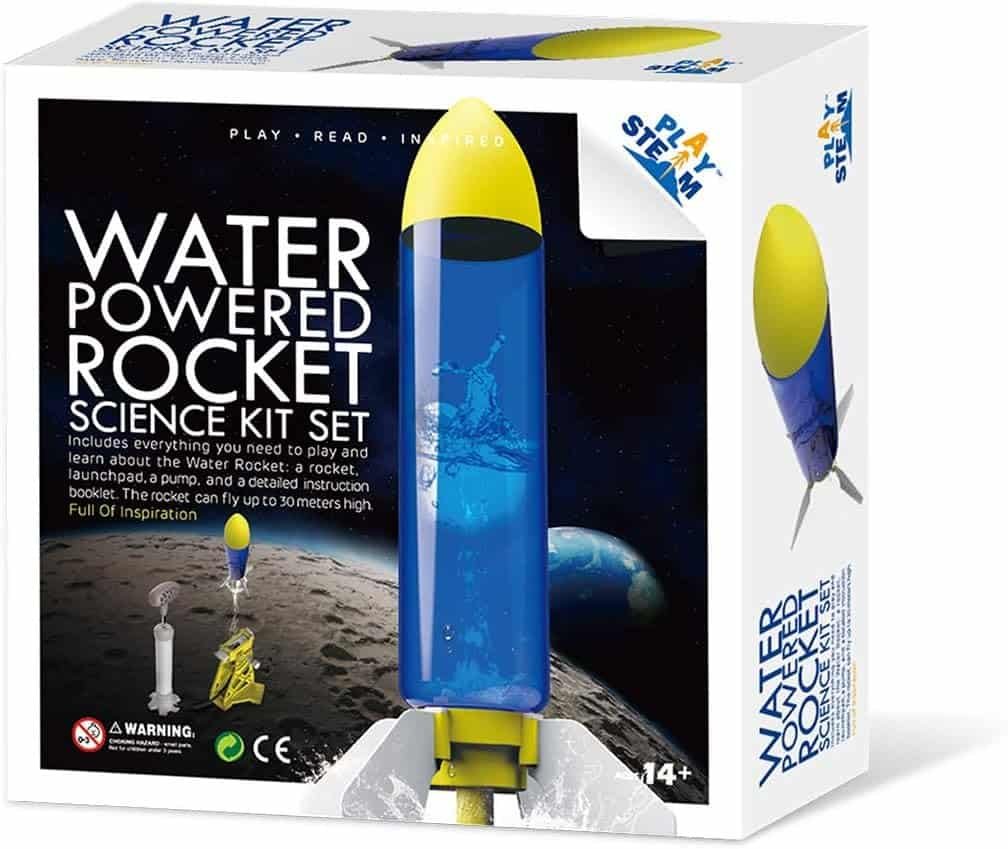 Box of a water powered rocket science kit set, featuring an image of the assembled rocket and included components. Suitable for ages 14 and up.