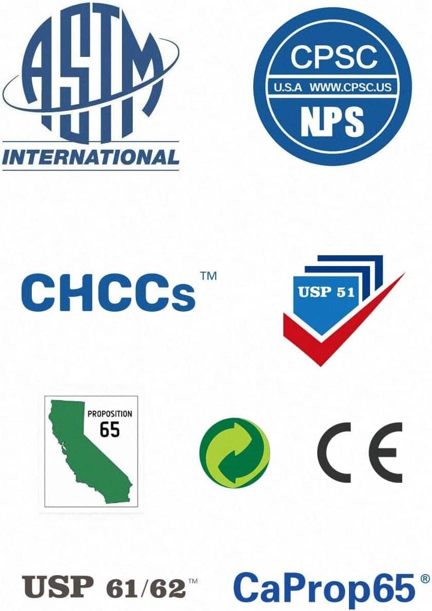 A collection of regulatory and safety logos, including ASTM International, CPSC, CHCCs, USP, Proposition 65, recycling, CE mark, and CaProp65.
