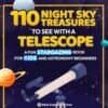 Book cover features colorful planets, stars, and a telescope with the title: "110 Night Sky Treasures to See with a Telescope" for kids and astronomy beginners.