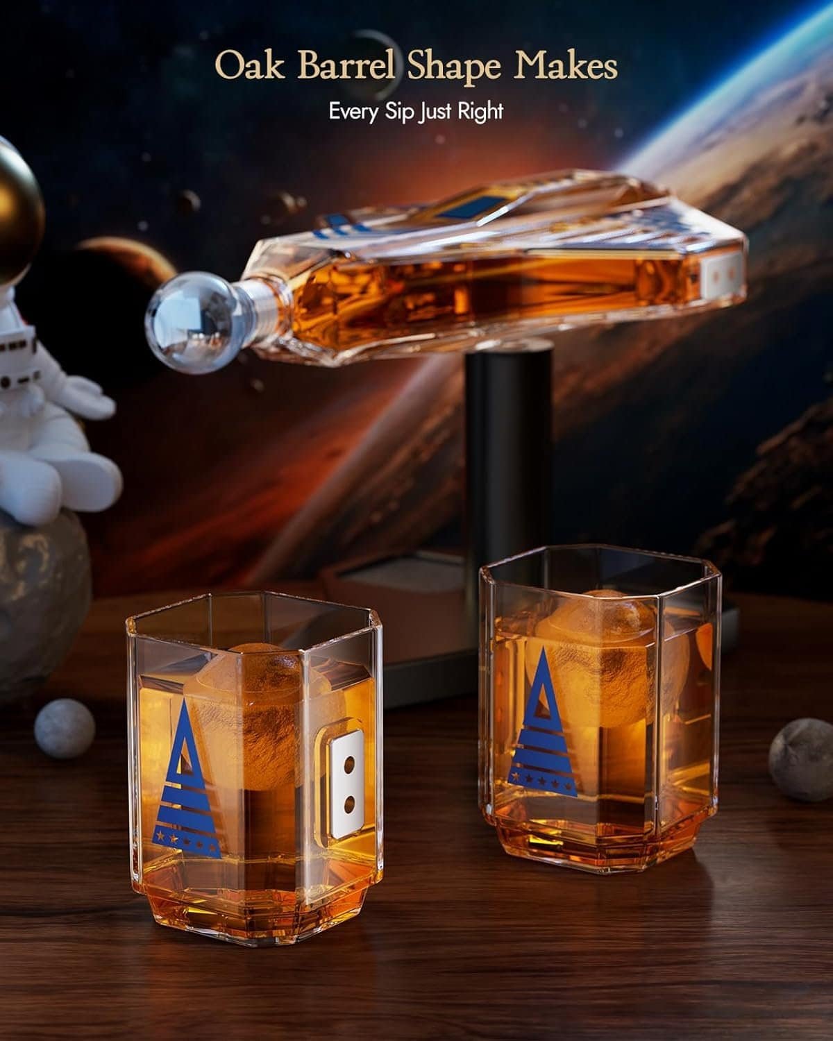 A futuristic decanter and two glasses filled with amber liquid and ice sit on a wooden table, with a space-themed background and text reading "Oak Barrel Shape Makes Every Sip Just Right.