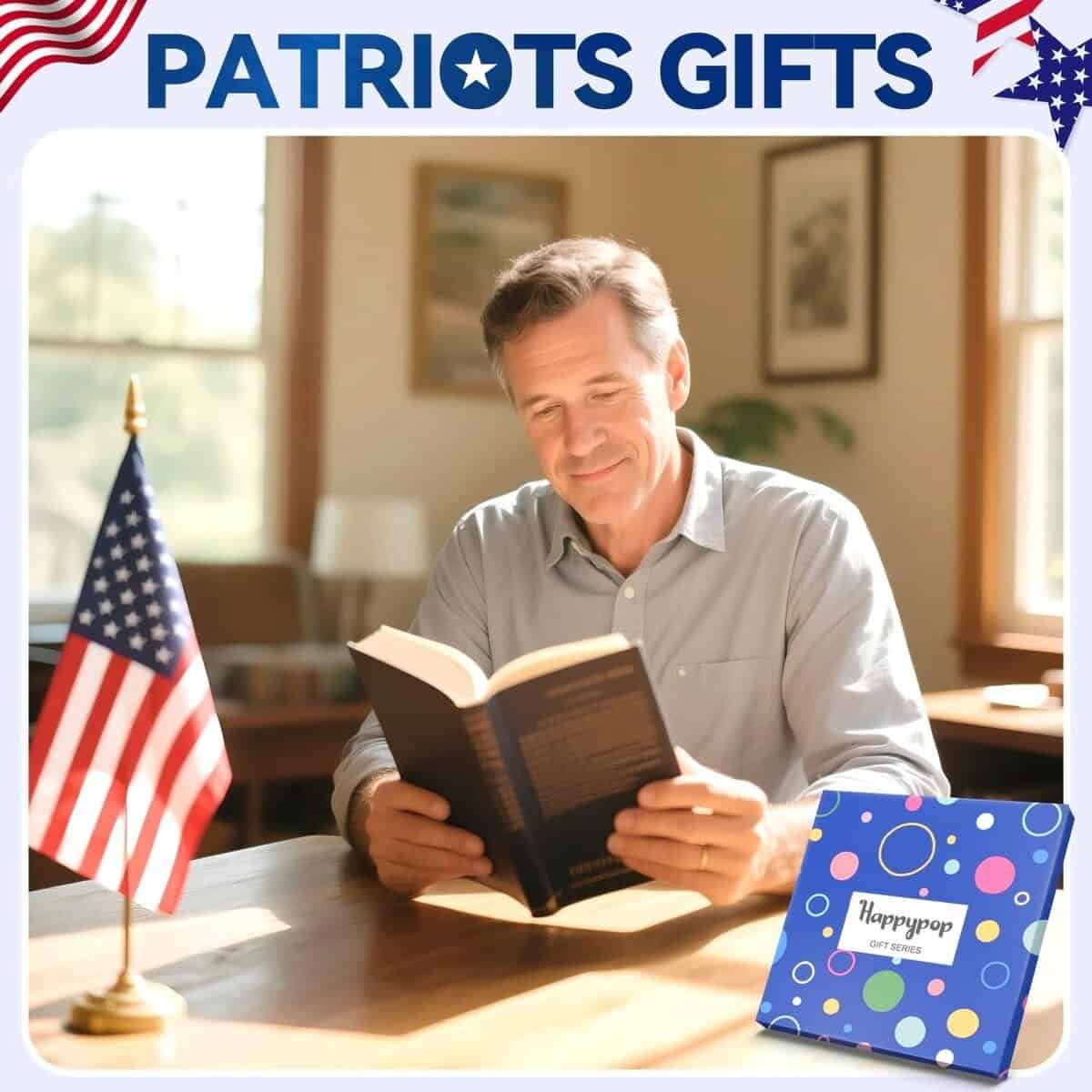 A man sits at a table reading a book, with an American flag and a blue gift box labeled "Happypop" nearby. The image is labeled "PATRIOTS GIFTS" at the top.