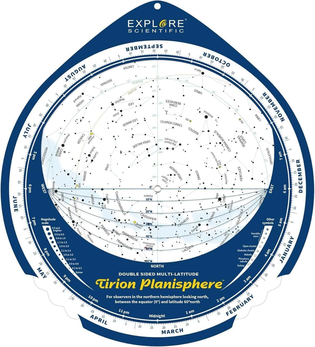 A handheld circular star chart planisphere showing constellations and stars for the northern hemisphere, labeled with months and hours for night sky observation.