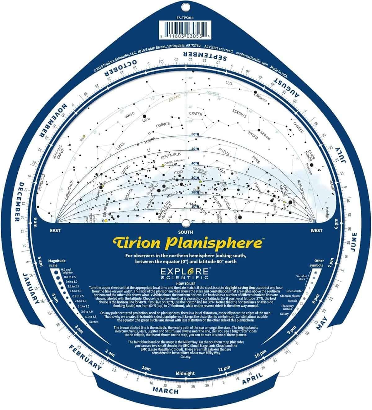 Circular star chart planisphere labeled “Tirion Planisphere” displays visible constellations and stars for northern hemisphere observers, with months and times marked around the edge.