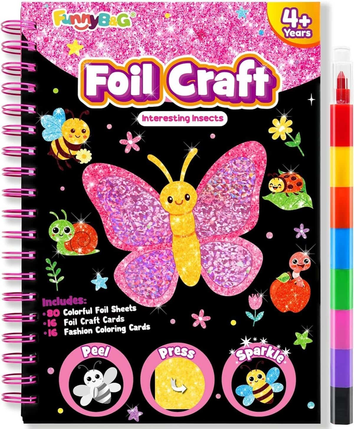 A foil craft activity book for ages 4+, featuring a sparkly butterfly and other insects on the cover. Includes colorful foil sheets, craft cards, and coloring cards.