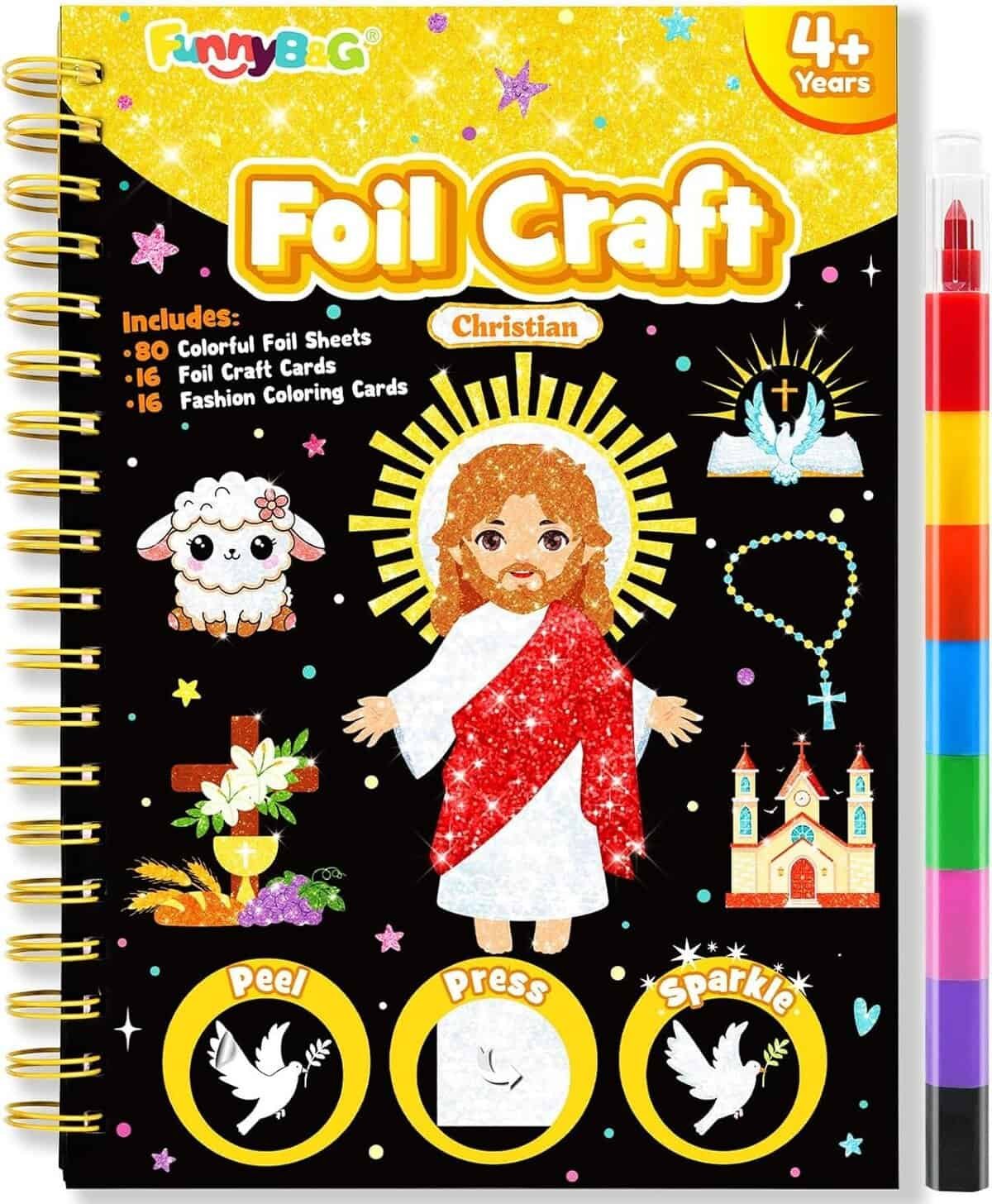 Spiral-bound Christian foil craft kit for ages 4+, featuring a sparkling Jesus figure, church, lamb, dove, cross, rosary, and included multicolor pen on the right.