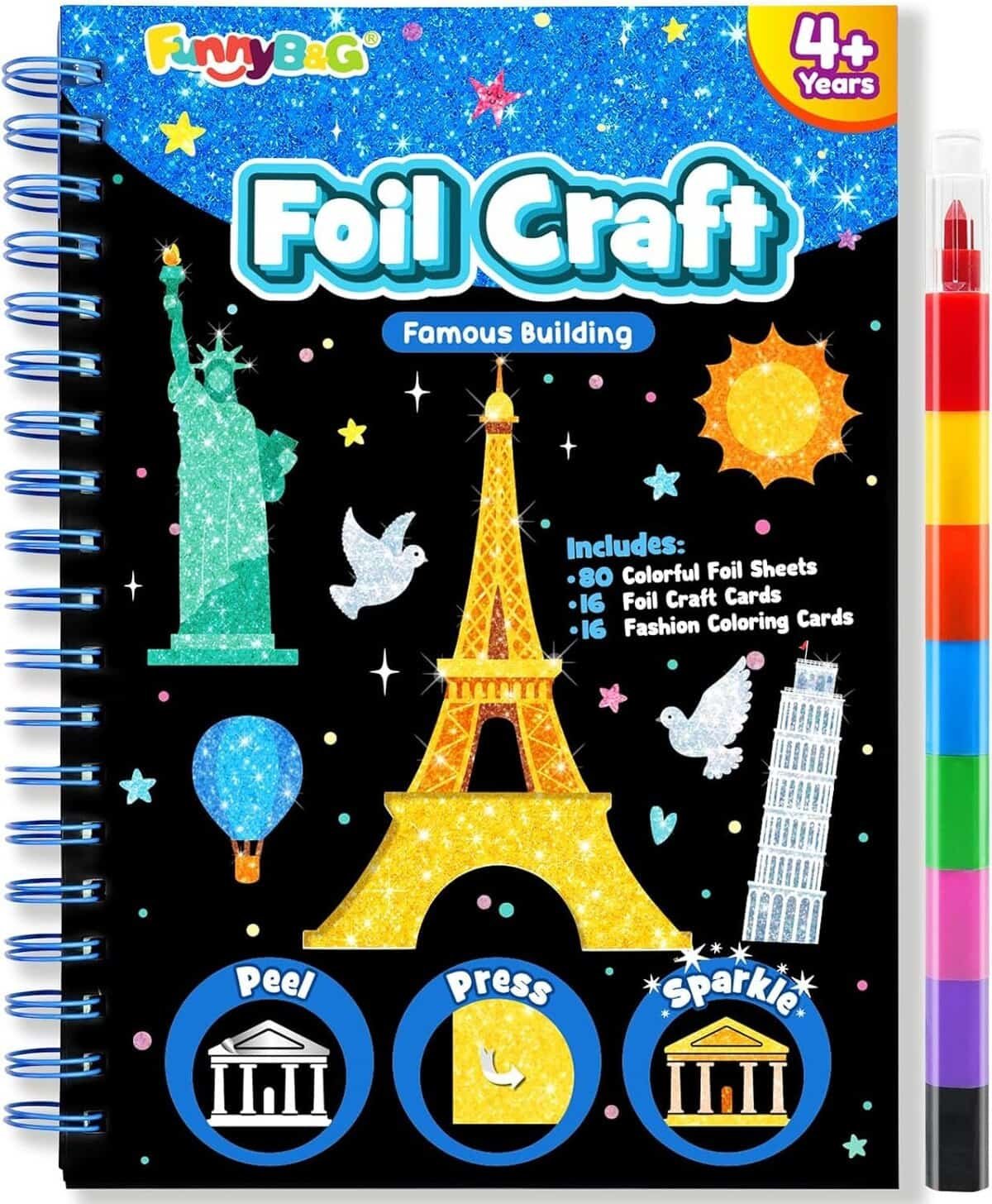 Spiral-bound "Foil Craft: Famous Building" activity book for ages 4+, with colorful foil art of landmarks and a multi-colored pen on the right.