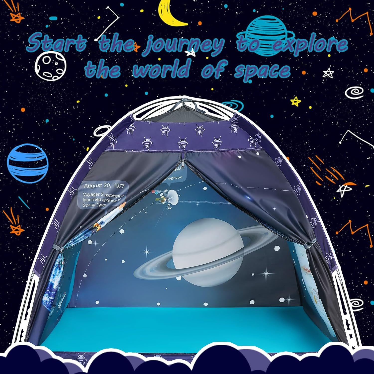 Children's play tent with a space theme, featuring planets, stars, and the phrase "Start the journey to explore the world of space" above the entrance.
