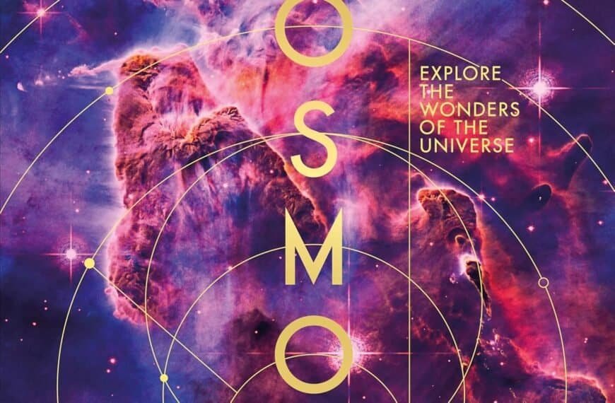 Book cover titled "Cosmos: Explore the Wonders of the Universe" featuring a colorful nebula background with geometric lines and logos for DK and Smithsonian.