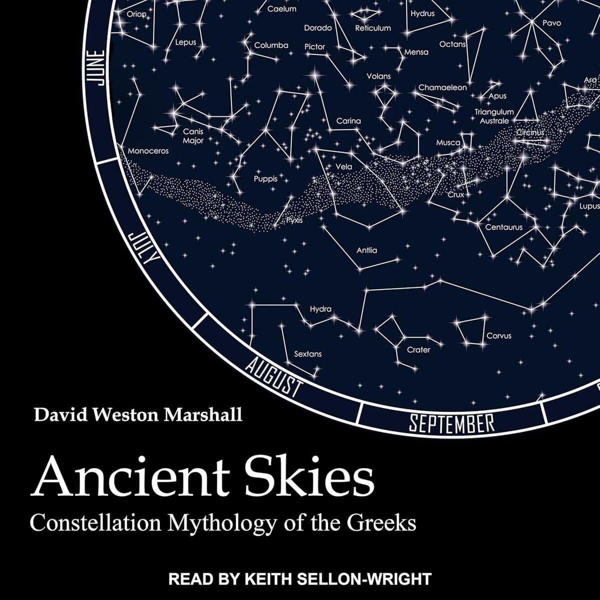 A star chart showing Greek constellations with the book title "Ancient Skies: Constellation Mythology of the Greeks" by David Weston Marshall.