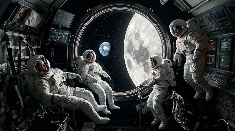 What Did NASA's Artemis II Mission Accomplish? 2 Four astronauts in spacesuits float inside the spacecraft during the Artemis II mission, with a large round window revealing Earth and the Moon in the vastness of space outside.