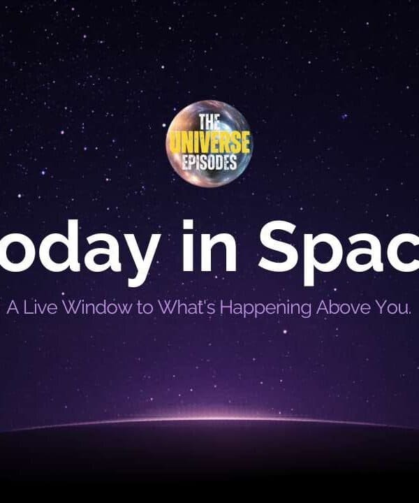 A graphic with a starry space background, the logo "The Universe Episodes," and the text: "Today in Space – A Live Window to What's Happening Above You.