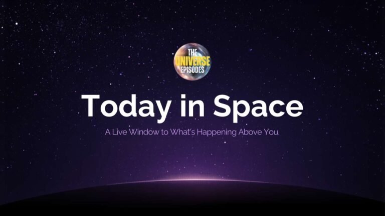 A graphic with a starry space background, the logo "The Universe Episodes," and the text: "Today in Space – A Live Window to What's Happening Above You.