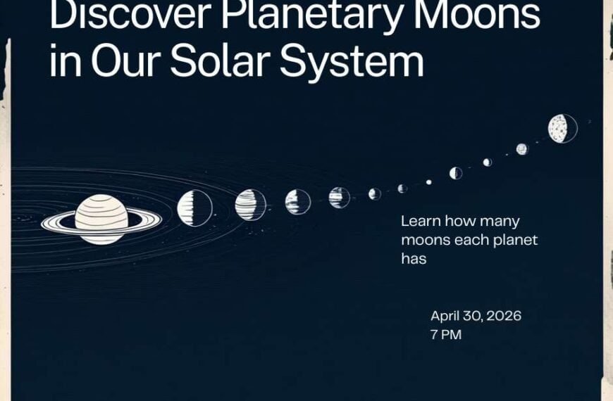 Poster with text "Discover Planetary Moons in Our Solar System," showing planets, their moons, and intriguing planet moon counts. Event details: April 30, 2026, 7 PM. Learn how many moons each planet has in 2026!.
