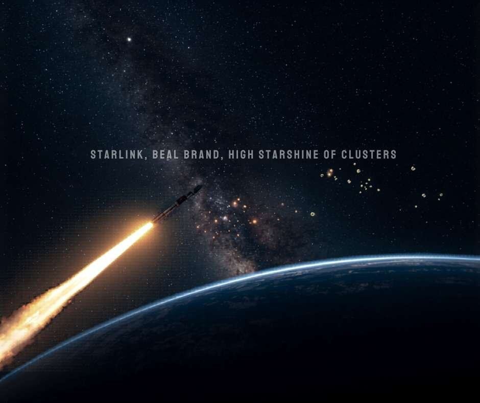 A rocket launches into space above Earth with the Milky Way in the background; text reads, "Starlink, Beal Brand, High Starshine of Space Clusters.