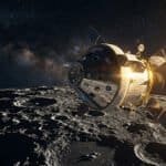 A spacecraft from the Artemis II mission orbits above the lunar surface, with the Earth and the Sun shining in the background against a star-filled expanse.