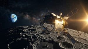 A spacecraft from the Artemis II mission orbits above the lunar surface, with the Earth and the Sun shining in the background against a star-filled expanse.