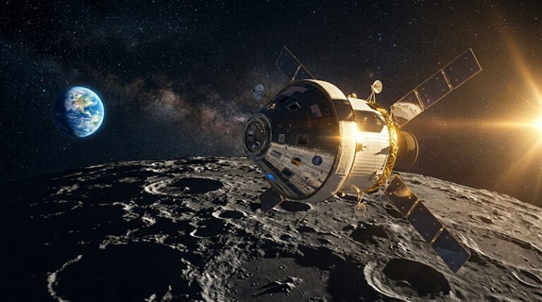 A spacecraft from the Artemis II mission orbits above the lunar surface, with the Earth and the Sun shining in the background against a star-filled expanse.