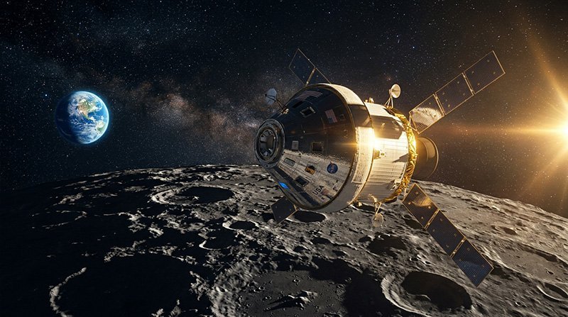 A spacecraft from the Artemis II mission orbits above the lunar surface, with the Earth and the Sun shining in the background against a star-filled expanse.