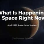 Image with Saturn and a moon in the background, overlaid with the text: "What Is Happening in Space Right Now? April 2026 Space News Update." Experience the latest discoveries shaping our view of space.