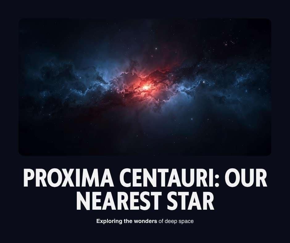 A bright, colorful nebula in deep space with the text "Proxima Centauri: The closest star to Earth" below the image.