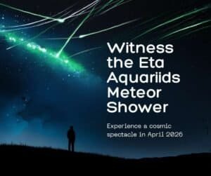 A person watches green meteors streak across a night sky as text highlights the Eta Aquariids Meteor Shower and its meteor shower peak 2026, lighting up April with a dazzling celestial display.
