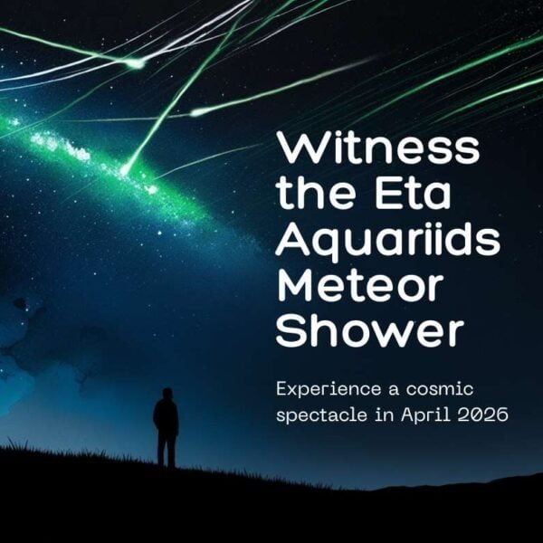 A person watches green meteors streak across a night sky as text highlights the Eta Aquariids Meteor Shower and its meteor shower peak 2026, lighting up April with a dazzling celestial display.