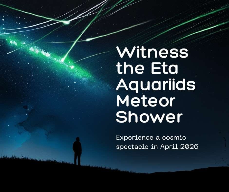 A person watches green meteors streak across a night sky as text highlights the Eta Aquariids Meteor Shower and its meteor shower peak 2026, lighting up April with a dazzling celestial display.