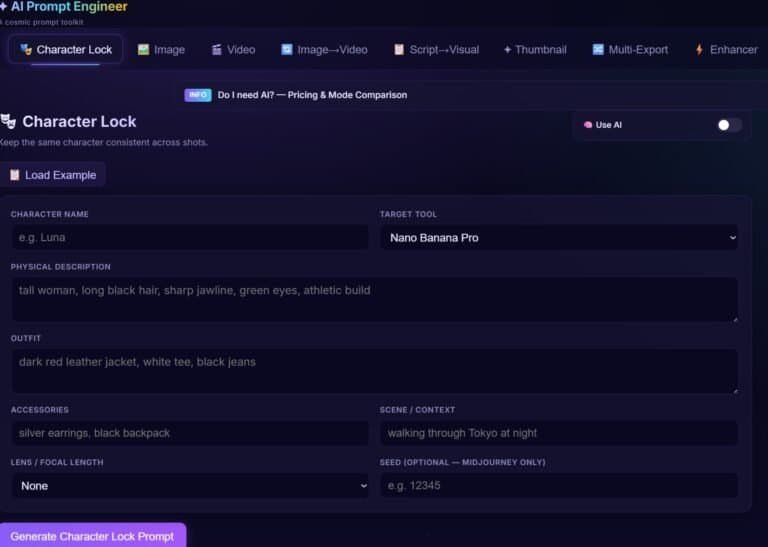 A web interface for an AI prompt generator, featuring fields for character name, description, outfit, accessories, target tool, scene, and a "Generate Character Lock Prompt" button.