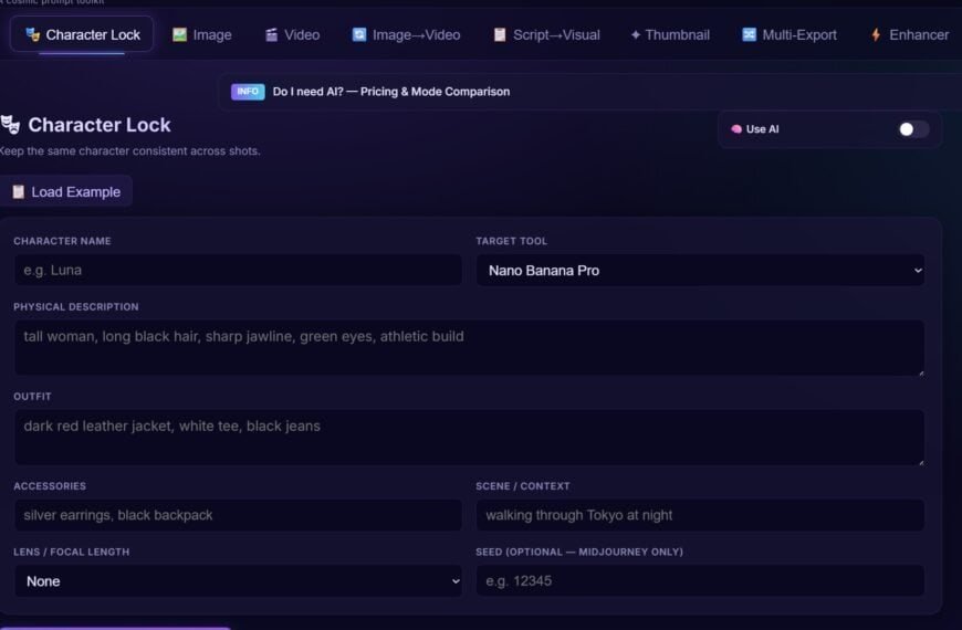 A web interface for an AI prompt generator, featuring fields for character name, description, outfit, accessories, target tool, scene, and a "Generate Character Lock Prompt" button.