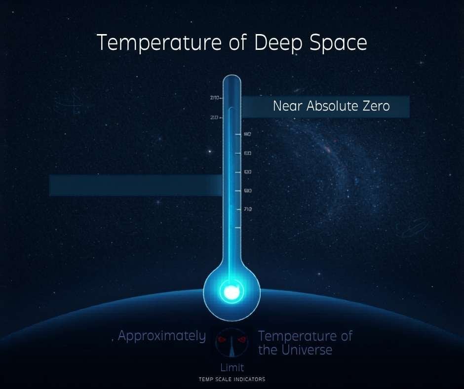 Temperature of Deep Space visualization — thermometer showing near absolute zero, 2.725 Kelvin