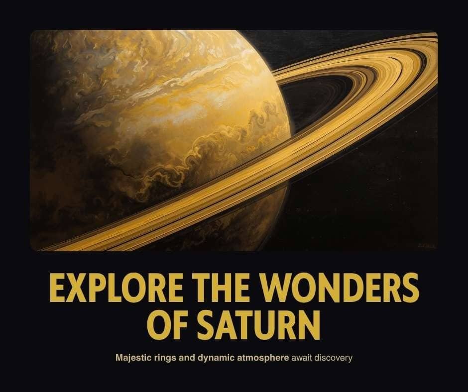 Saturn surface and ring system close-up view in space