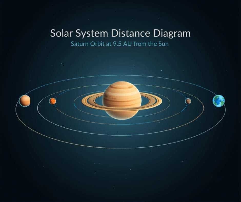 Solar system distance diagram showing Saturn orbit at 9.5 AU from the Sun